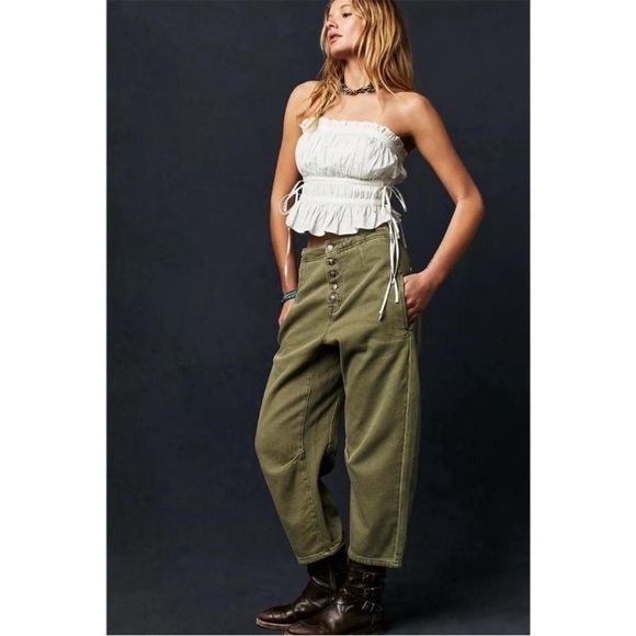 Free People We The Free Osaka Mid Rise Olive Green Barrel Jeans Pants - Picture 4 of 10